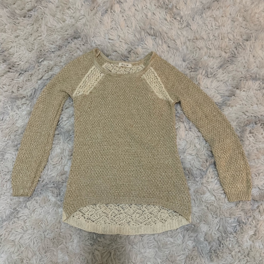 Pink Rose tan & cream oatmeal crocheted knit sweater S